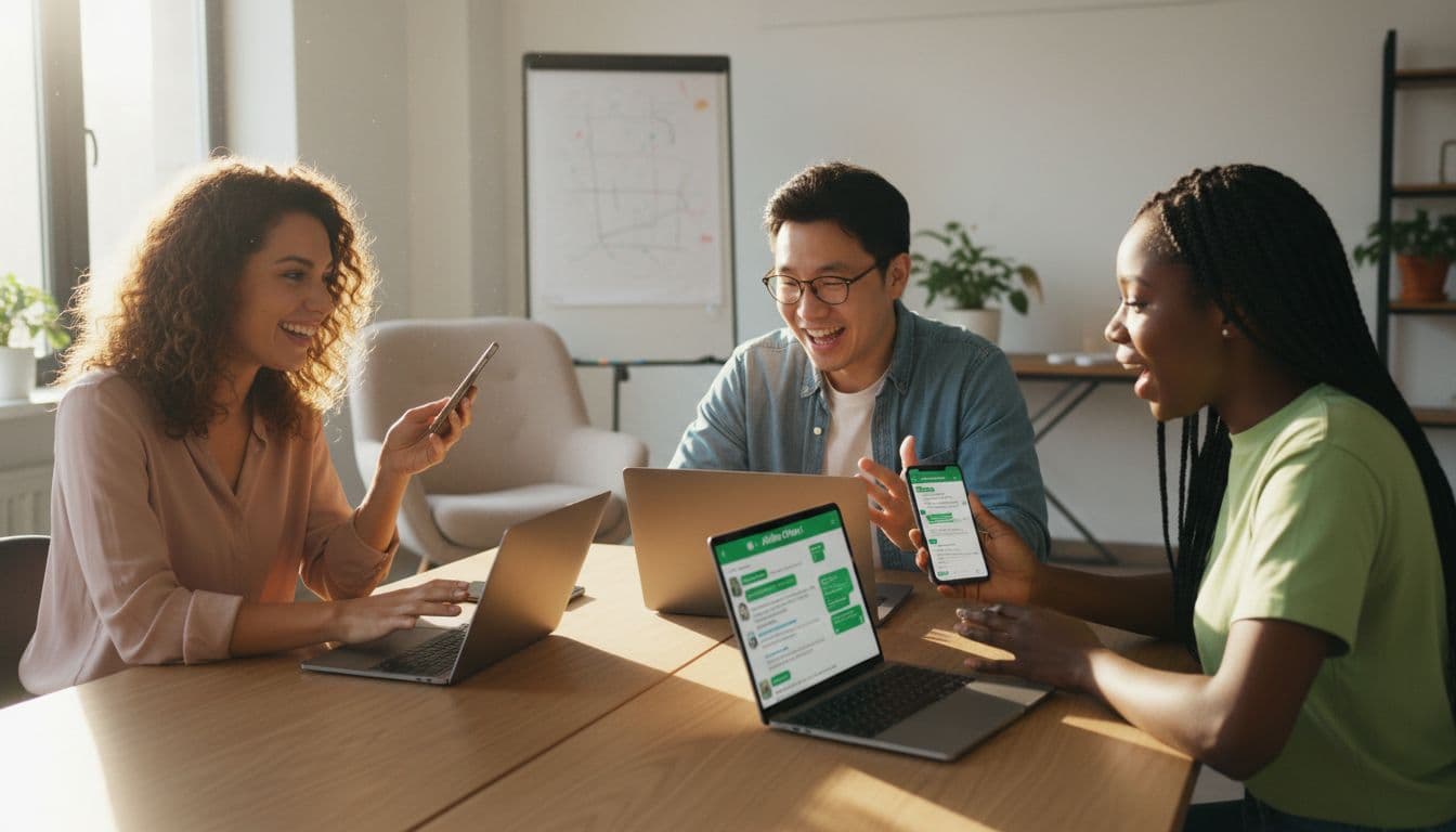 Three diverse marketers in a modern home office excitedly discuss affiliate offers using laptops and phones open to WhatsApp chats, under natural daylight.