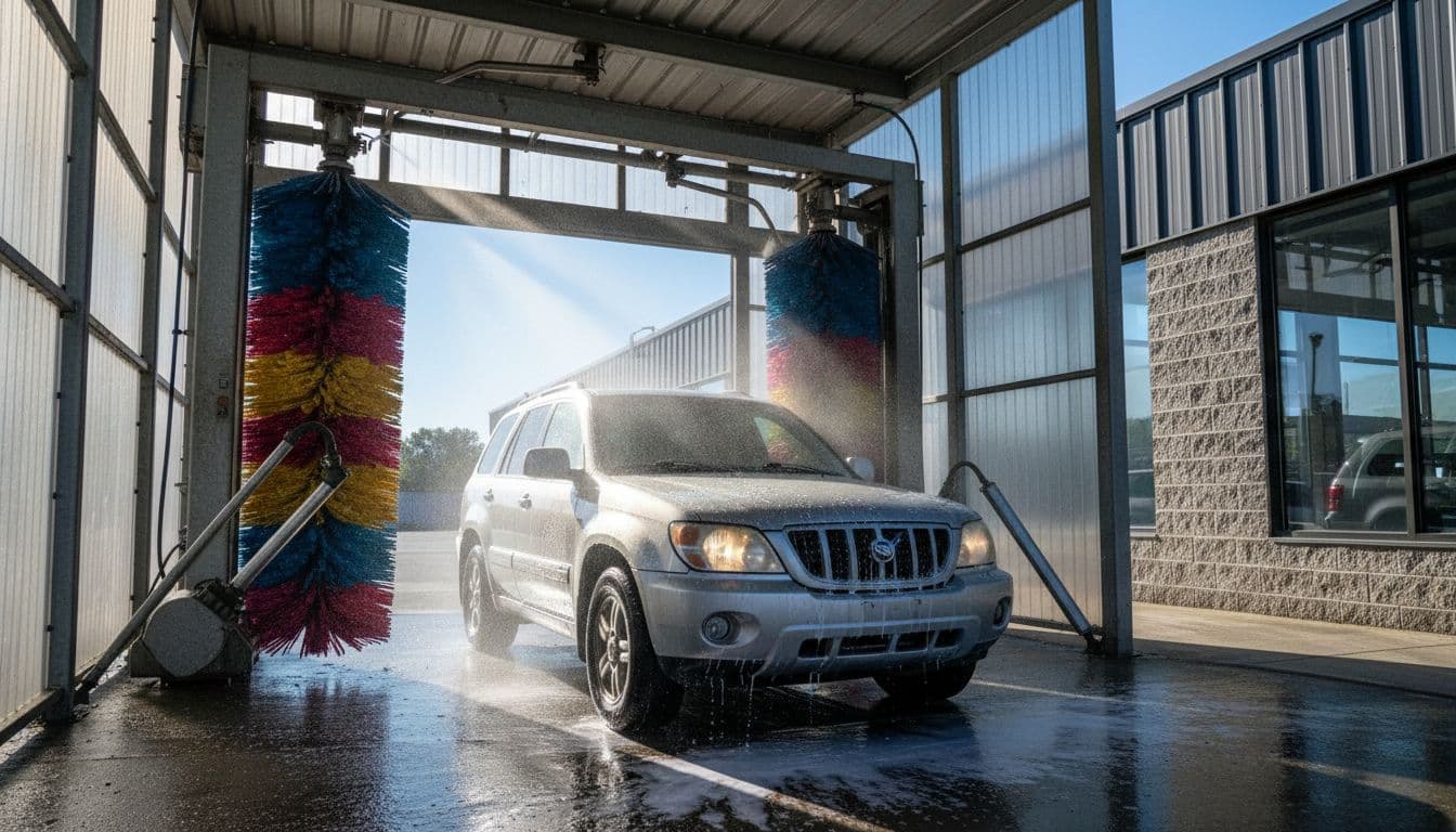 Dynamic action shot of an automatic car wash bay in operation, with water jets and brushes cleaning a silver SUV entering the tunnel amid colorful soap bubbles, bright daylight, industrial exterior.