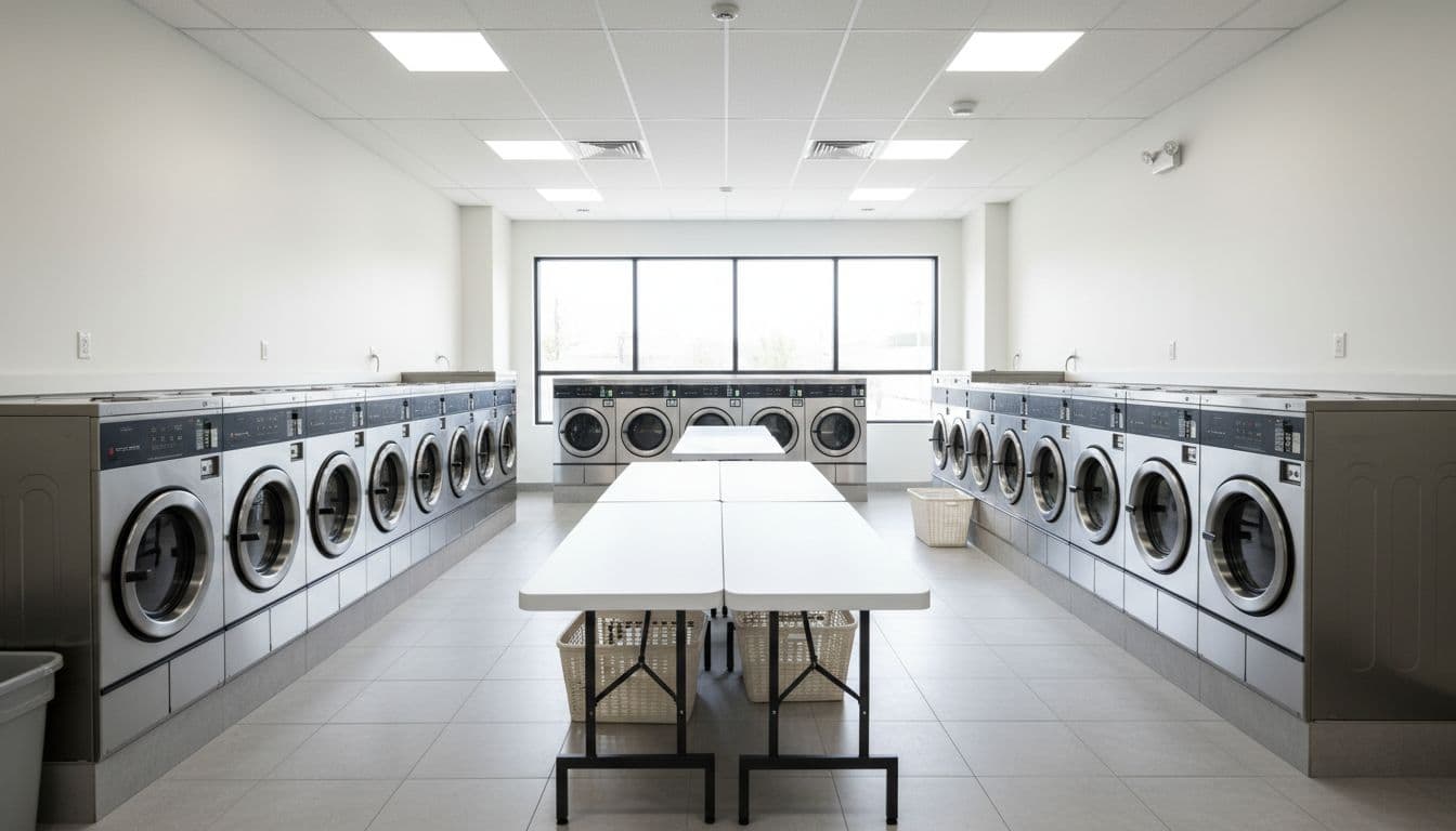 Realistic photograph of a bright modern laundromat interior with rows of silver washing machines and dryers along the walls, white folding tables in the center, laundry baskets on the clean tiled floor, and large windows allowing natural light, completely empty with no people, text, signs, or logos.
