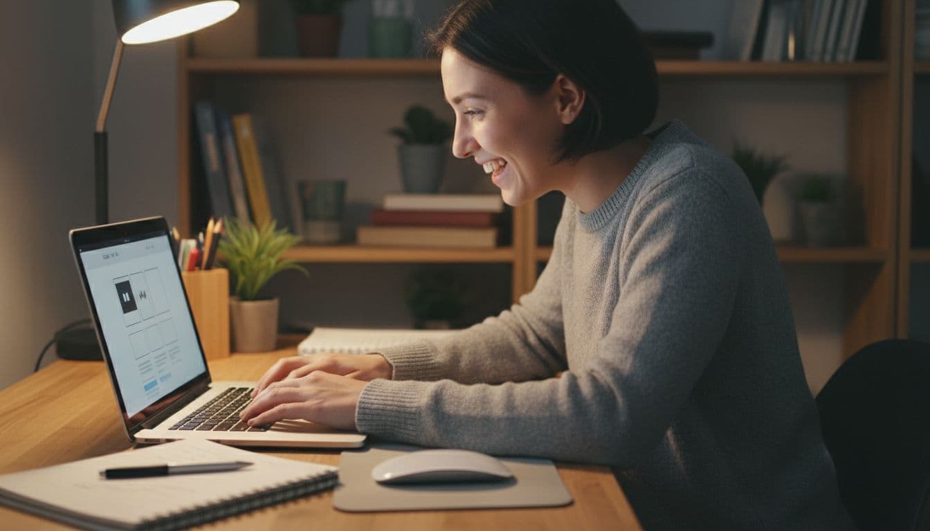 Enthusiastic person at home desk builds simple website on laptop with blurred basic blog layout, notes and mouse nearby, bookshelves and warm lamp light in realistic photo.