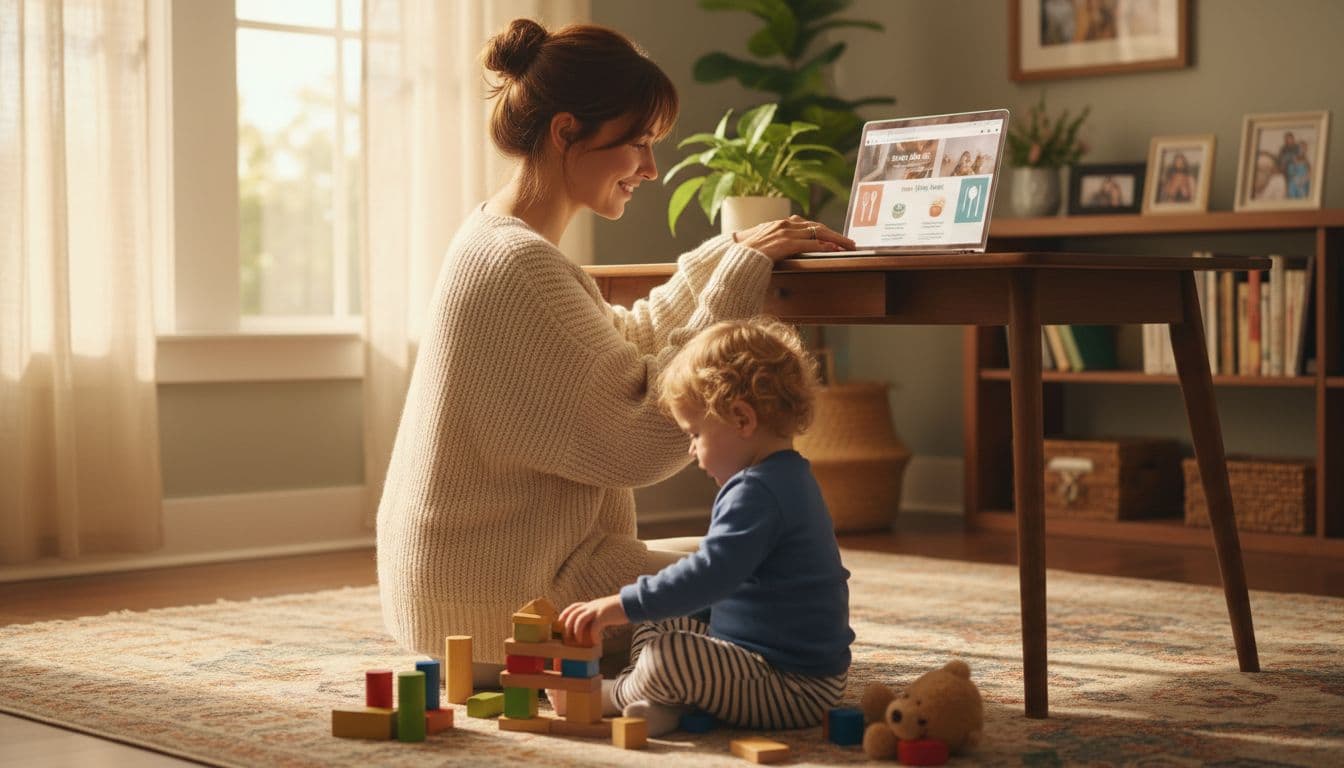 A mother sits at her desk typing a blog post on her laptop about family meals, while her young toddler plays happily with toys on the floor in a joyful home atmosphere bathed in soft afternoon light.