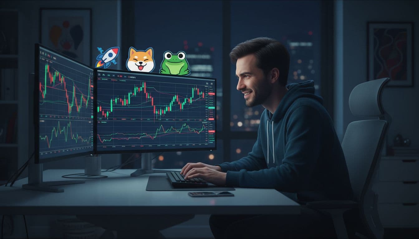 A person in a modern home office at night sits at a desk, looking at dual computer screens displaying volatile cryptocurrency charts with meme coin logos like dog and frog, showing an excited yet cautious expression with hands resting on the keyboard.
