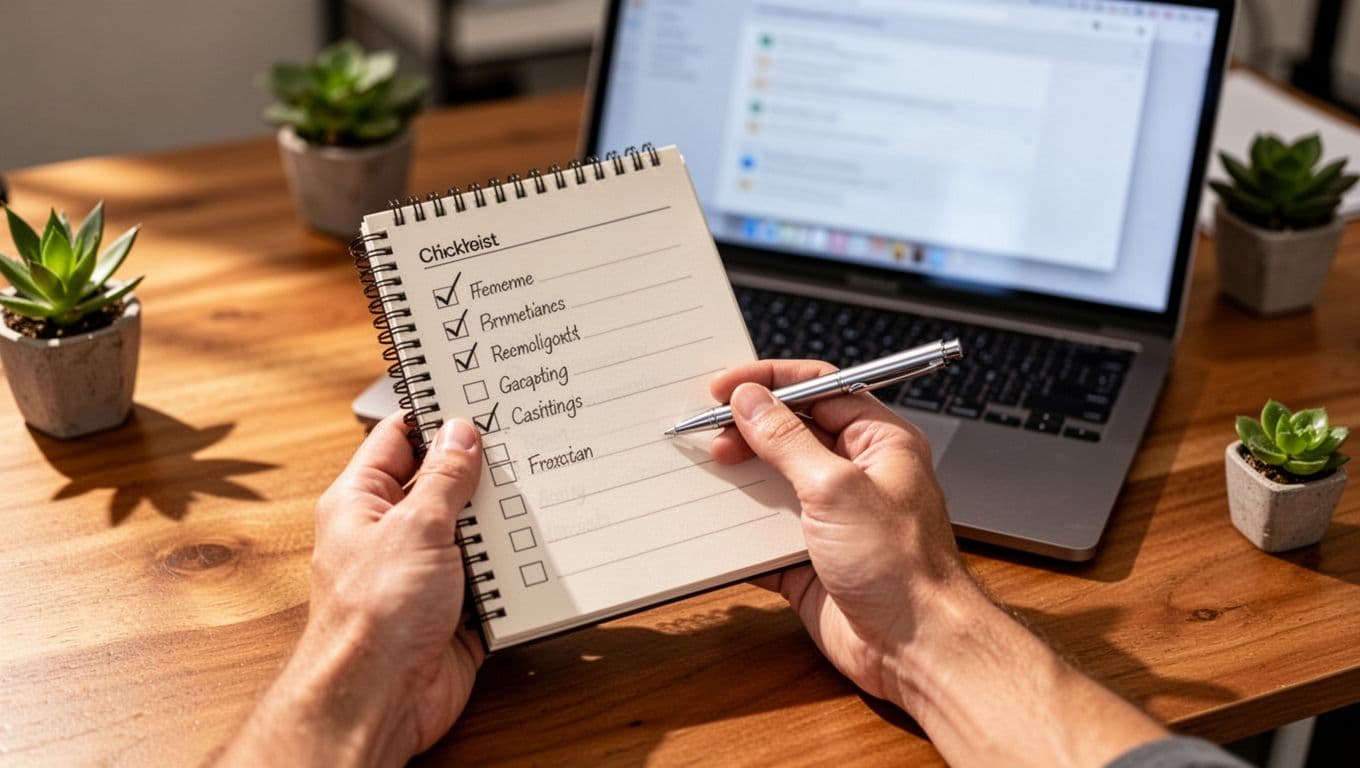 Close-up of hands holding a checklist notebook with pen next to a blurred laptop showing course details, on a wooden desk with plants and soft office lighting.
