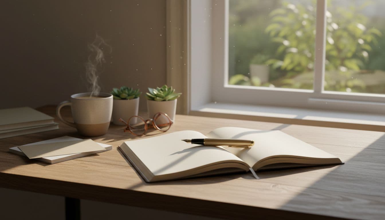 Cozy home office desk with open notebook and pen ready for writing letters, illuminated by soft morning light through the window, simple centered composition on desk items in realistic photography style, no people.
