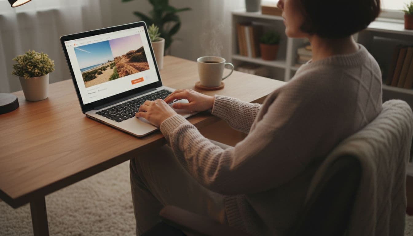 A relaxed person sits at a desk in a cozy home office with a laptop open to a Facebook affiliate post example, coffee mug nearby, warm lighting, realistic photo.