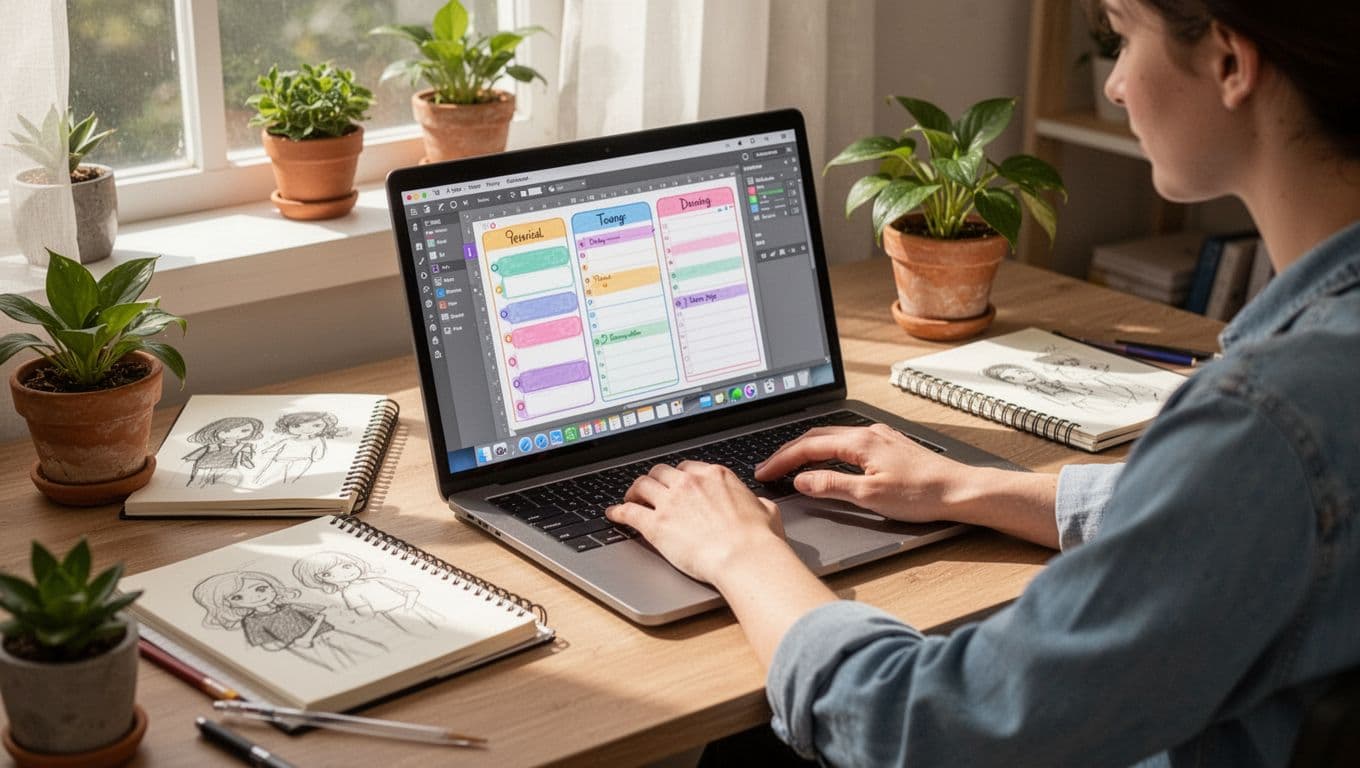 A single person works at a desk in a casual home setting, designing a colorful digital planner template on an angled computer screen surrounded by notebooks, plants, and natural light in a vibrant illustrative style.
