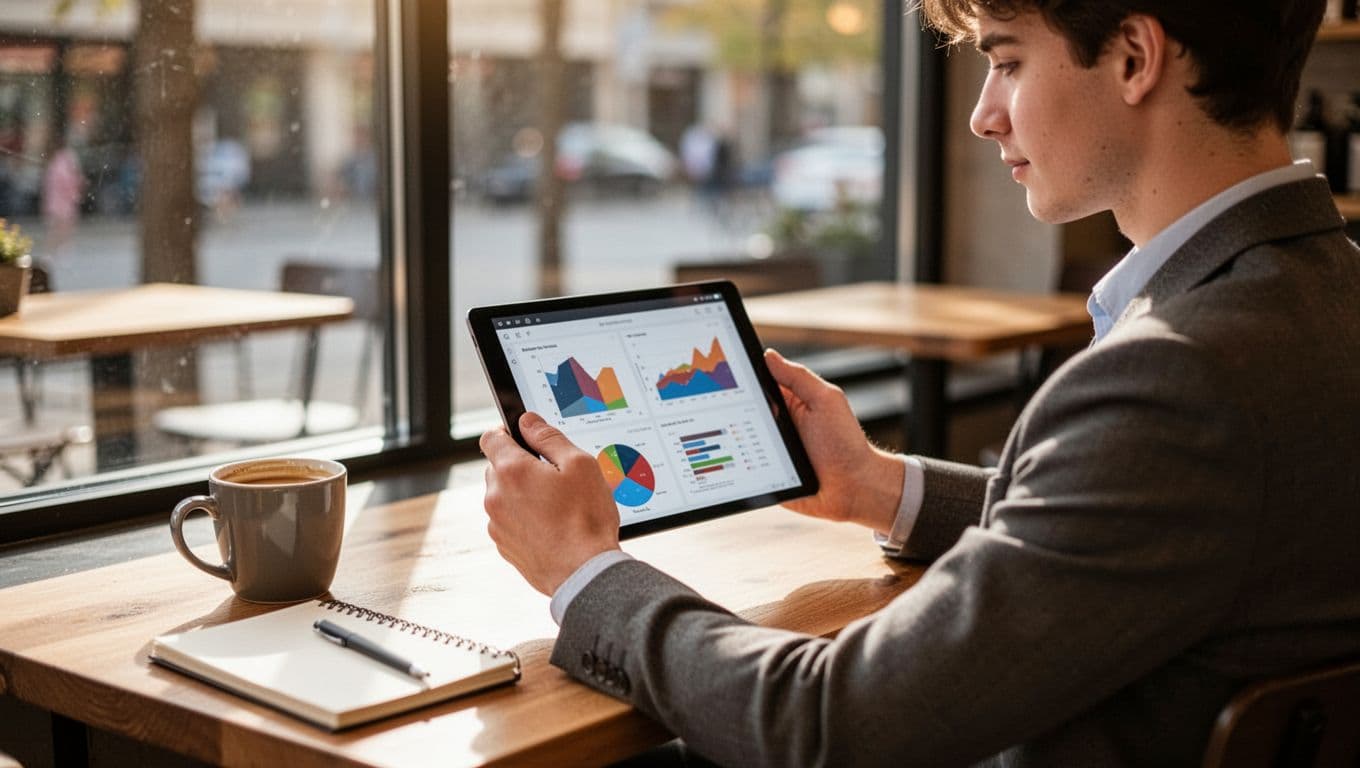 A content creator in a relaxed pose reviews vague charts of earnings and fan stats on a tablet dashboard while sitting in a cafe with natural daylight through the window.
