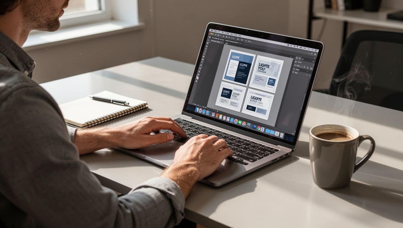 A designer at a modern desk edits a social media template in Canva on a laptop, with a notebook and coffee mug nearby, captured from a side angle in bright natural daylight, realistic style.