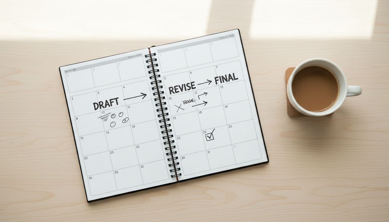 Top-down view of a calendar planner on a desk showing workflow steps like draft, revise, and final, with a coffee mug nearby in bright office lighting, clean realistic style, no people or text.