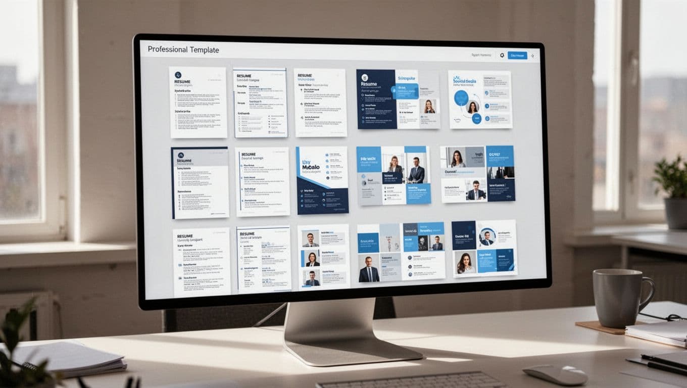 Realistic mockup of a Canva template bundle on an Etsy listing page viewed on a desktop screen, featuring professional thumbnails for resumes and social media packs in a clean, angled composition with soft office lighting.