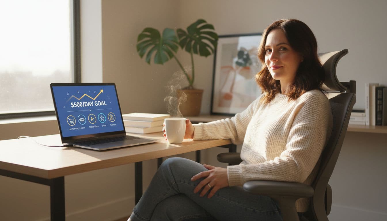 A relaxed person in a modern home office checks the Facebook dashboard on a laptop displaying icons for multiple income streams including Marketplace sales, Reels views, and Stars, with natural light and a coffee cup.
