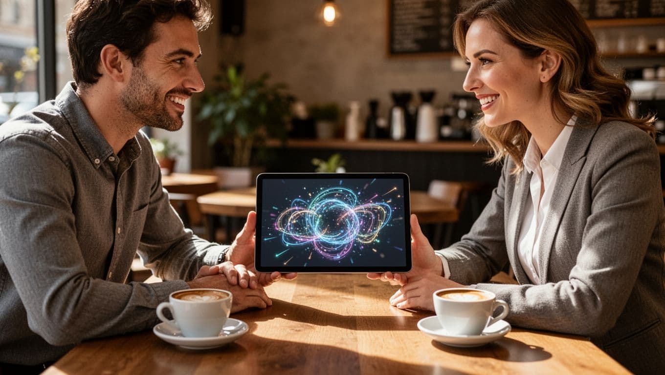 A freelance designer presents a custom Snapchat Lens demo on a tablet to a business client in a cozy cafe meeting, with warm lighting, coffee cups on the table, and both smiling with eye contact.