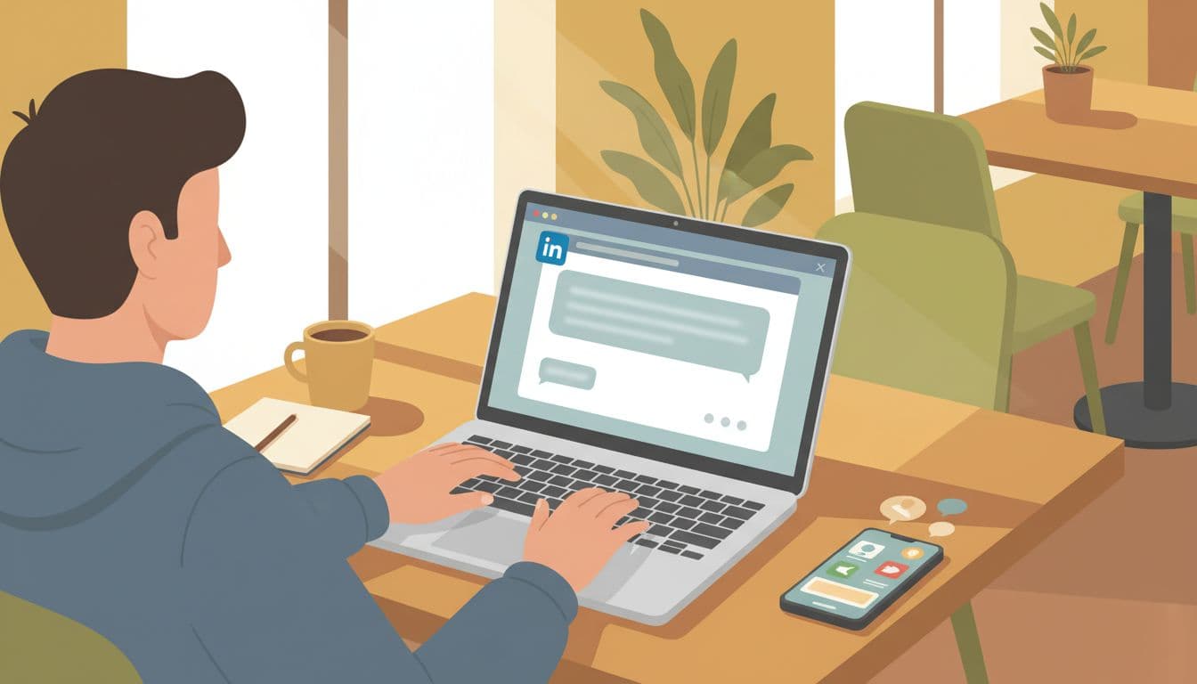 A relaxed person types on a laptop in a cafe with a blurred LinkedIn outreach message open and a phone displaying freelance app notifications, capturing a casual productive vibe in natural light and modern flat style.