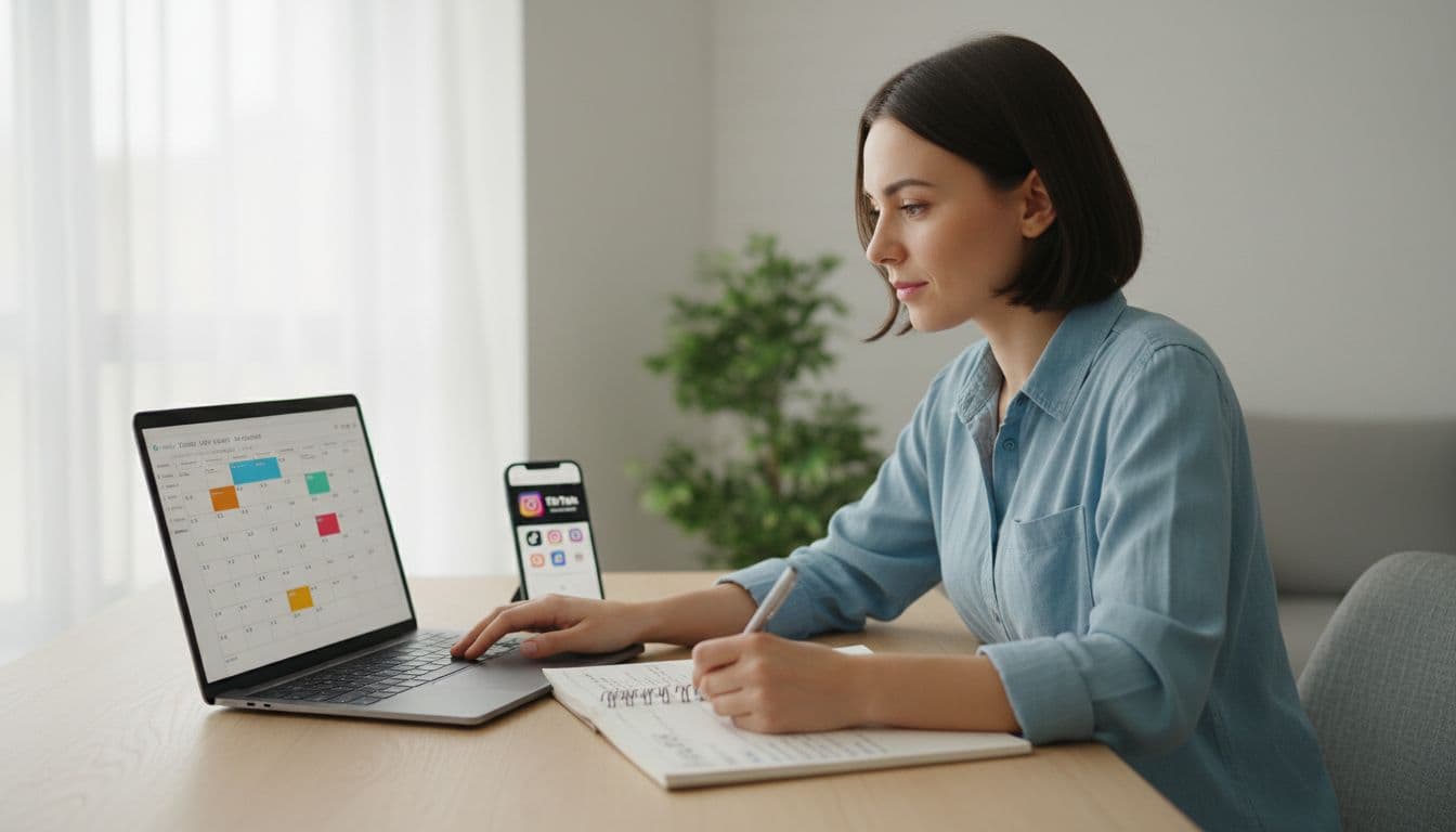 A focused freelancer at a home desk with laptop open to a content calendar, phone showing Instagram and TikTok apps, notebook with post ideas, soft natural window light, clean modern style, simple composition.