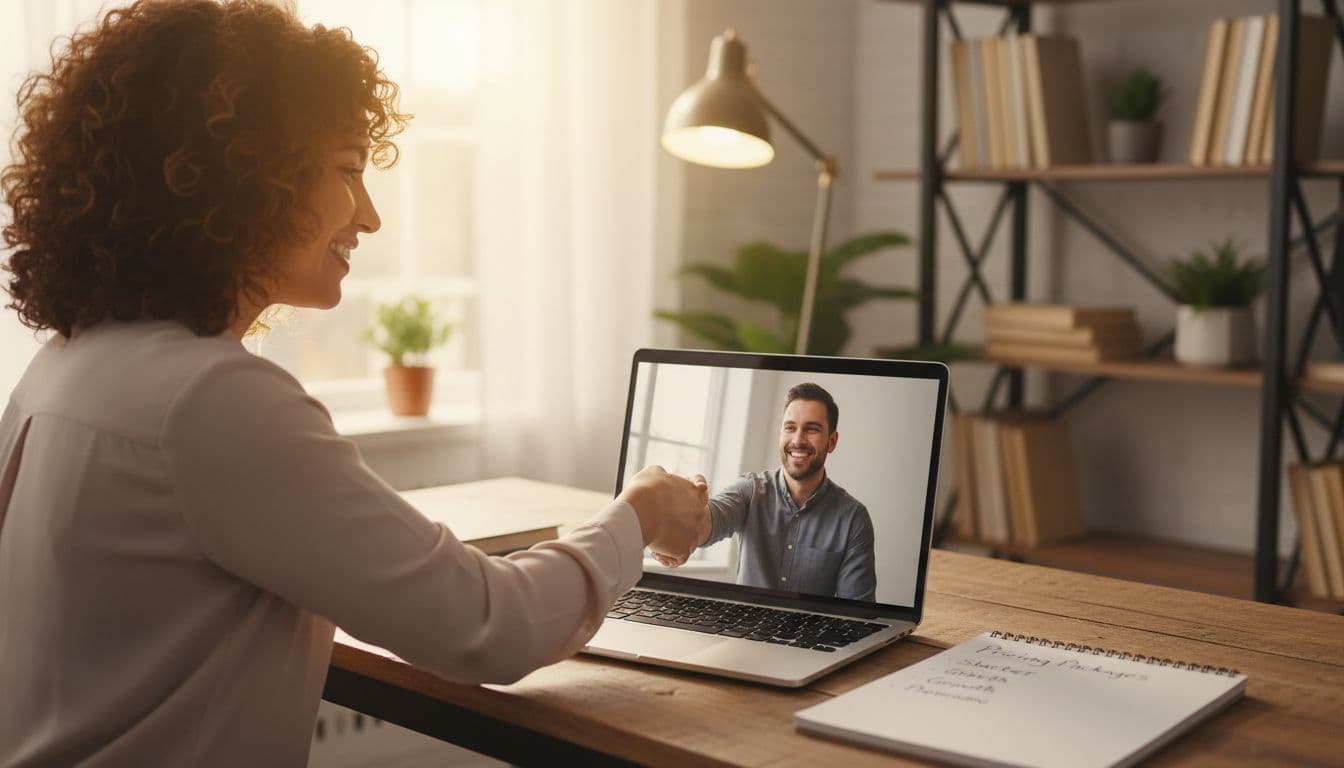 A smiling freelancer in a cozy home office on a video call with a client, laptop displaying blurred pricing notes, performing a handshake gesture across the screen, professional and friendly atmosphere with warm lighting.