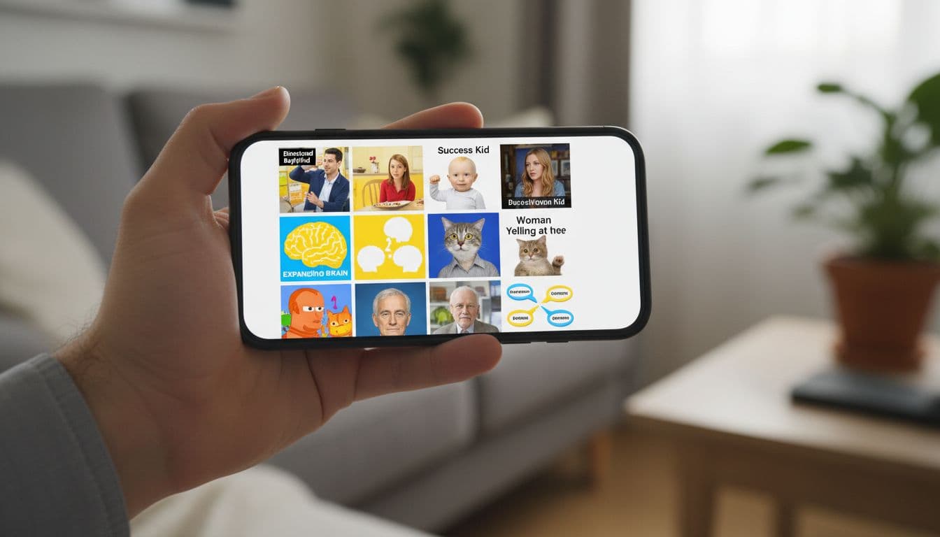 A single hand casually holds a smartphone in a home setting, displaying a grid of popular meme formats like Distracted Boyfriend, Success Kid, and Expanding Brain, with vibrant colors, realistic style, and natural daylight lighting.