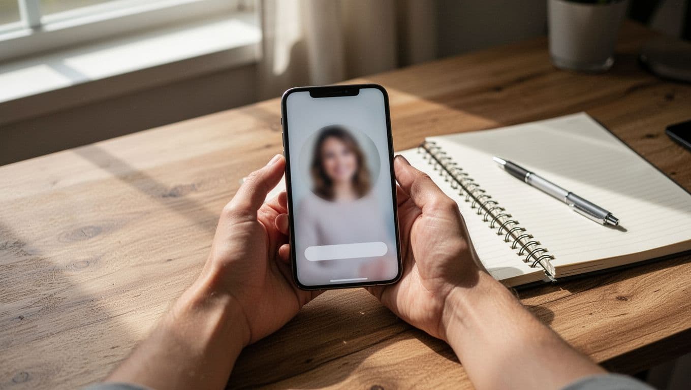 Hands holding a smartphone on a wooden desk, screen blurred showing profile photo upload and bio input, with notebook and pen nearby in cozy home office, soft natural light.