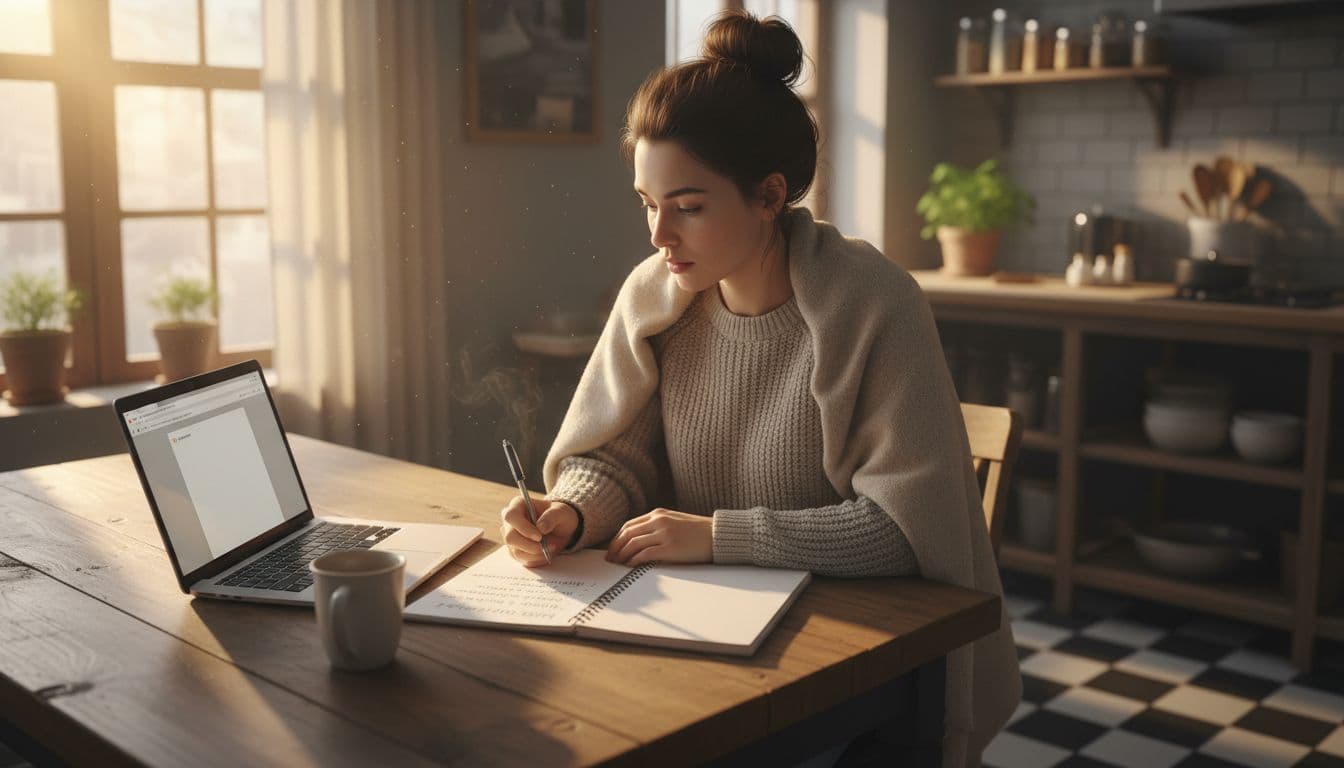 A young mom in a cozy kitchen sits at a wooden table with an open laptop and notebook, jotting down blog niche ideas like meal plans and toddler tips, bathed in warm morning light with a focused expression.