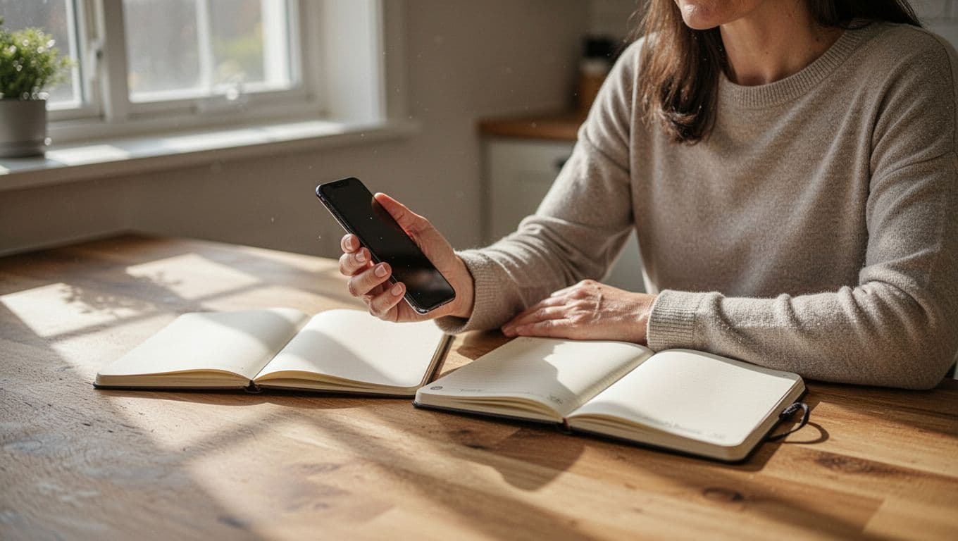 A relaxed person at a sunlit kitchen table checks their smartphone one-handed for survey notifications, with an open notebook tracking earnings nearby, capturing a daily earning habit.