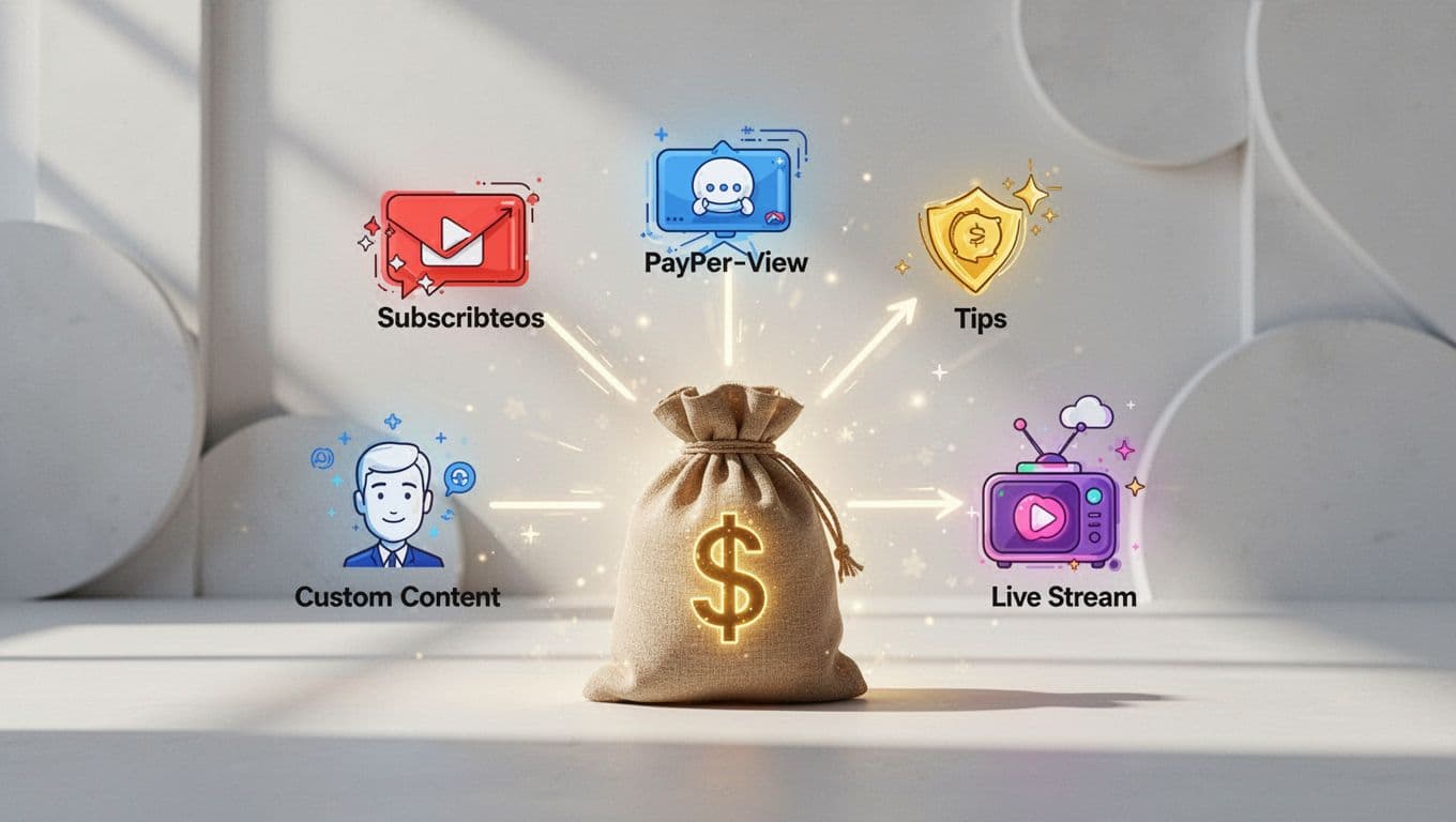 Infographic-style illustration showing OnlyFans income streams like subscriptions, PPV messages, tips, custom content, and live streams flowing into a money bag with clean modern design and bright colors.