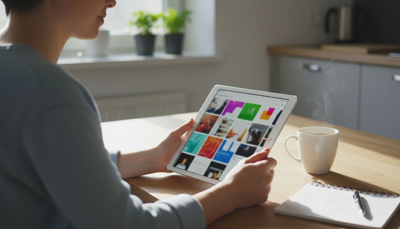 A relaxed person pins colorful blog images to a Pinterest board on a tablet held casually at a kitchen table with notebook and tea, captured from a side angle in realistic photo style with bright natural light.