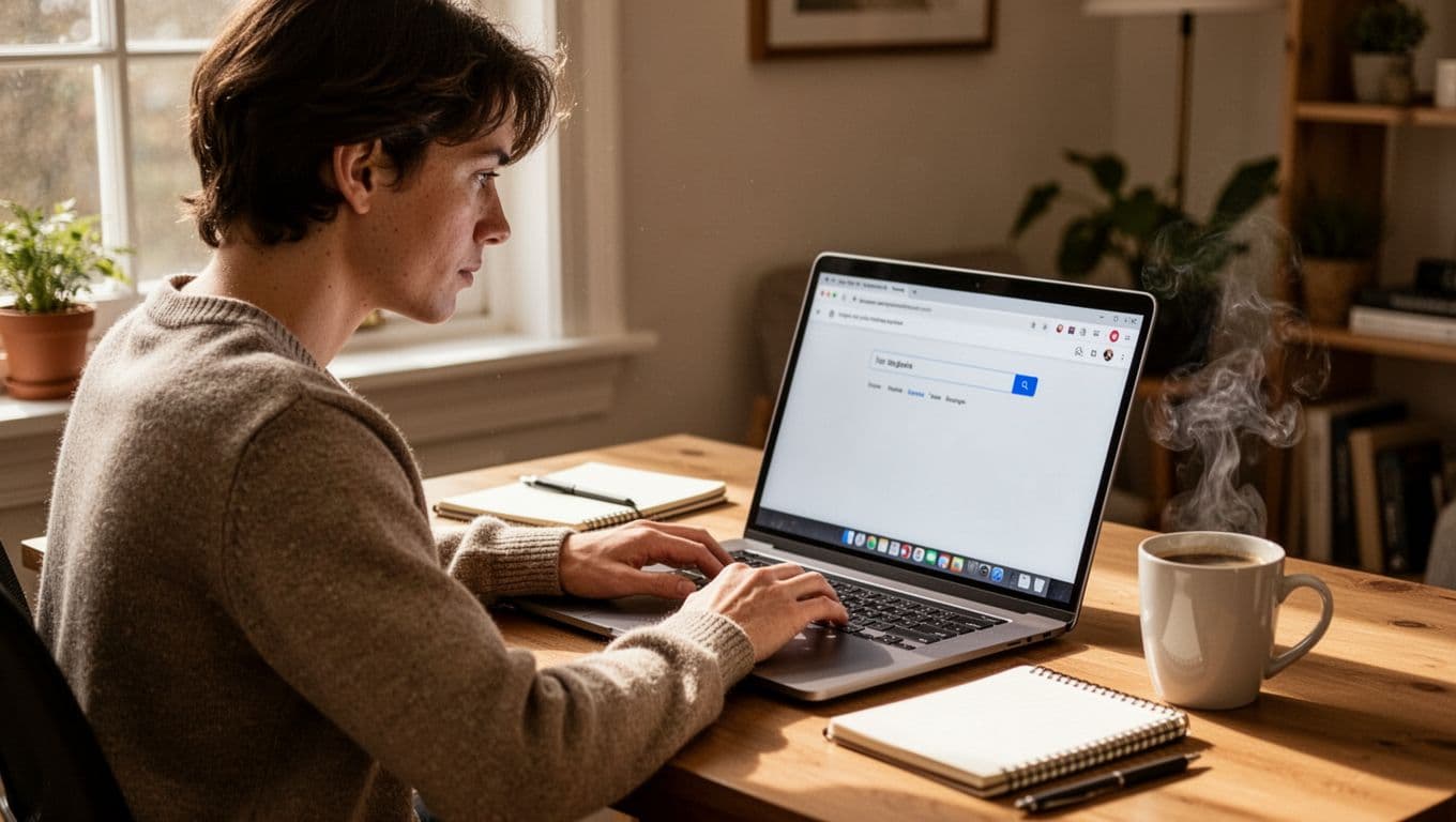 A focused person in a cozy home office sits at a desk with a laptop open to a search page for local events, notebook and coffee mug nearby, illuminated by natural window light.