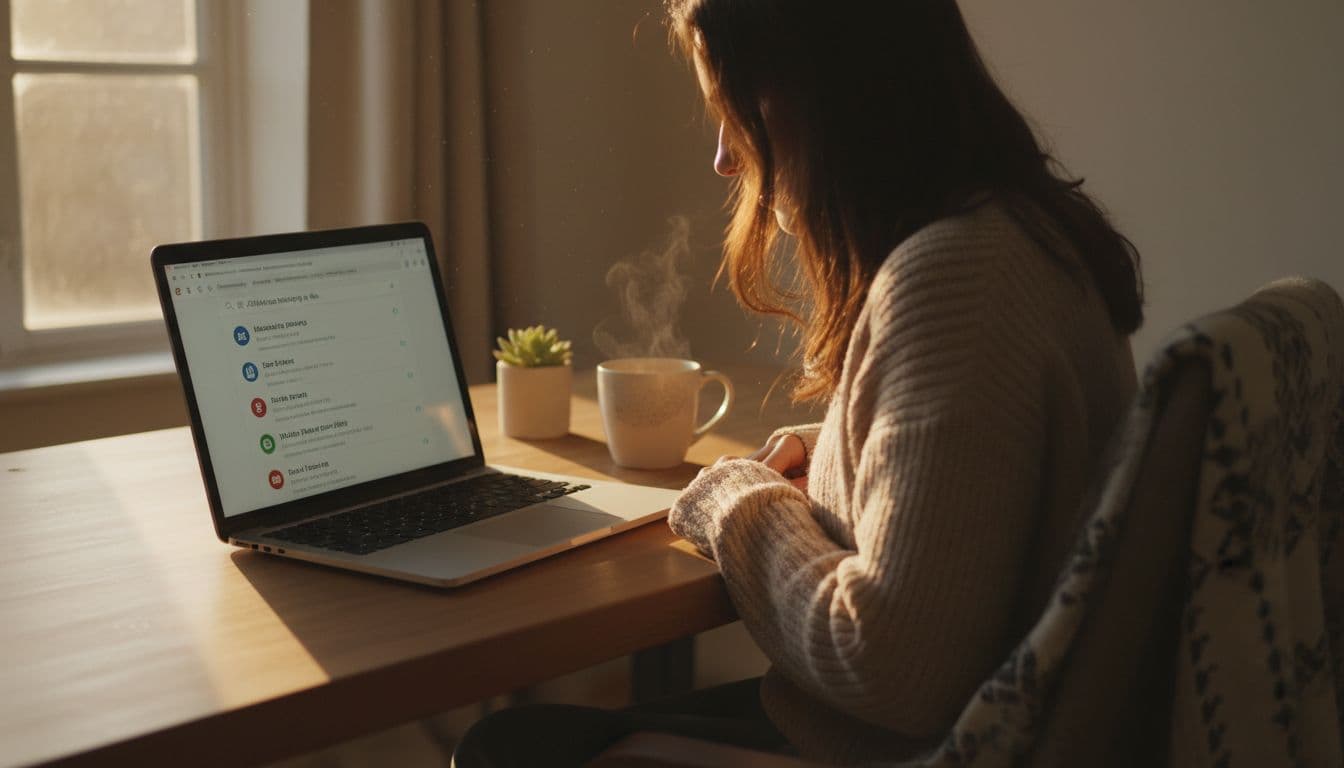 A person at a cozy desk with a coffee mug searches on their laptop for affiliate marketing WhatsApp groups, with the screen angled to show search results in soft evening light.