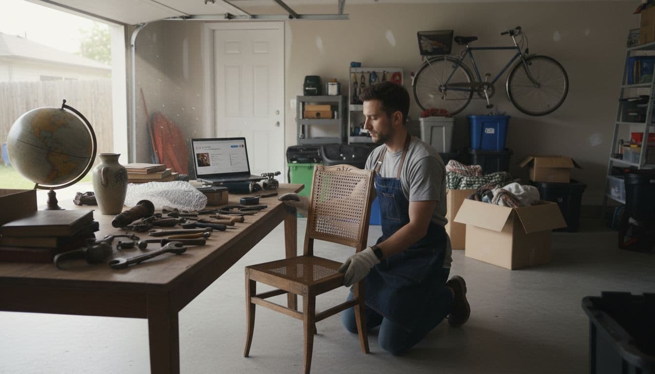 A single person in a home garage sorts thrift store items like a wooden chair and tools on a table, preparing for resale under natural daylight in a realistic photo style.