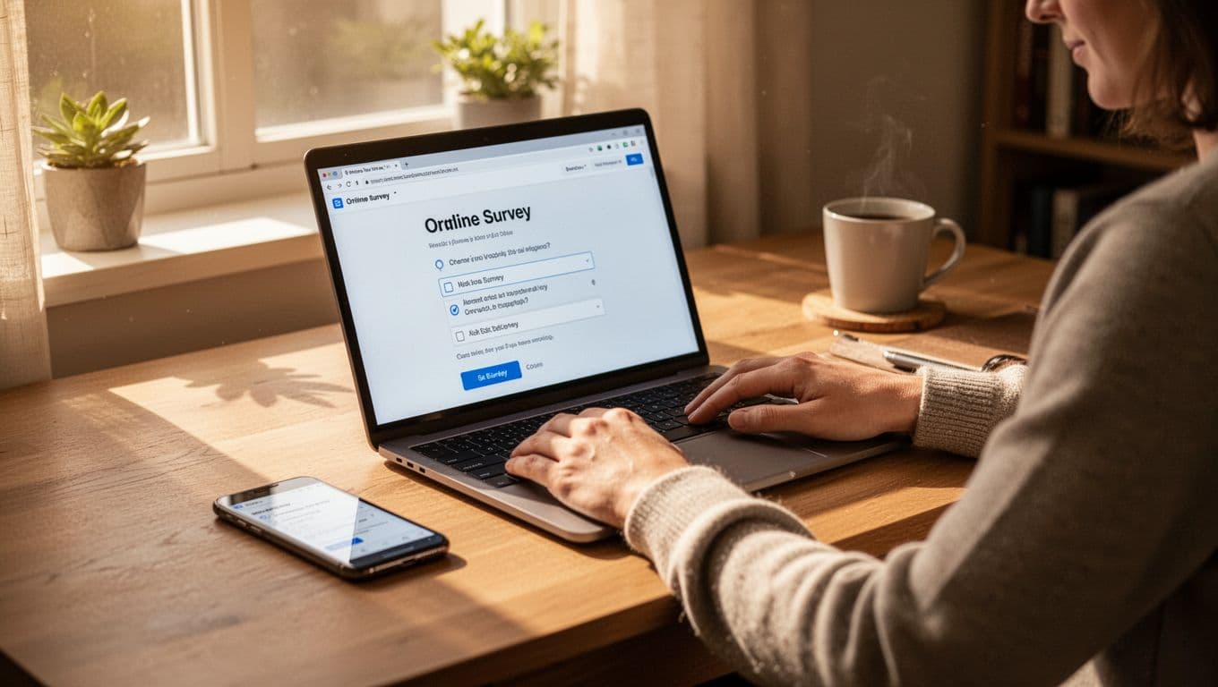 A single person sits relaxed at a cozy home desk with an open laptop and smartphone nearby, completing an online survey in warm natural window light, photorealistic style, landscape composition.