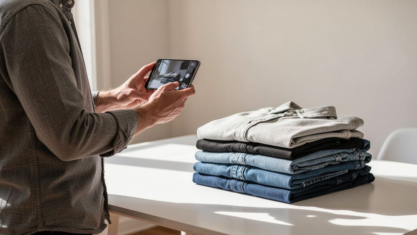 A person photographs a stack of clothes or gadget using their smartphone camera in a well-lit room, item placed on a clean table, phone held steady in landscape orientation under natural indoor light, realistic style, side view.