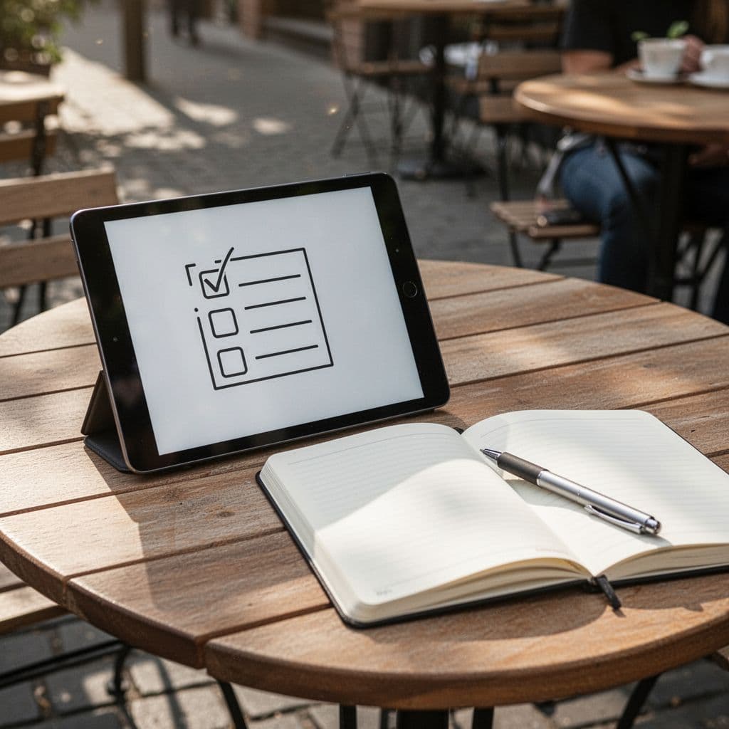 A tablet displaying a simple PDF checklist for personal finance tips next to a notebook on a wooden table in an outdoor cafe, under soft natural sunlight in realistic style. No people, no readable text on screen, no logos.