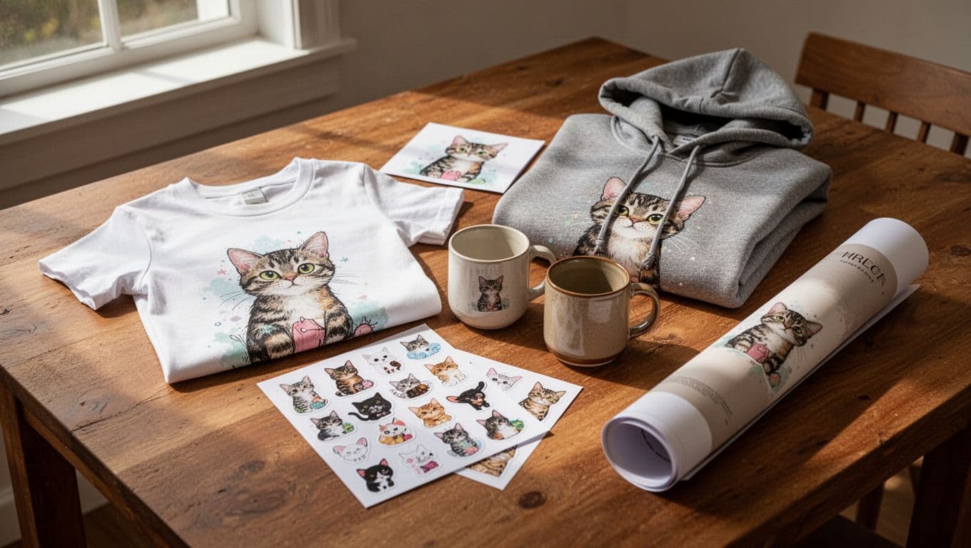Assortment of meme-themed merchandise on a wooden table, including t-shirt with funny cat meme, hoodie, mug, sticker sheet, and rolled-up poster, in cozy product photography style with soft natural lighting.