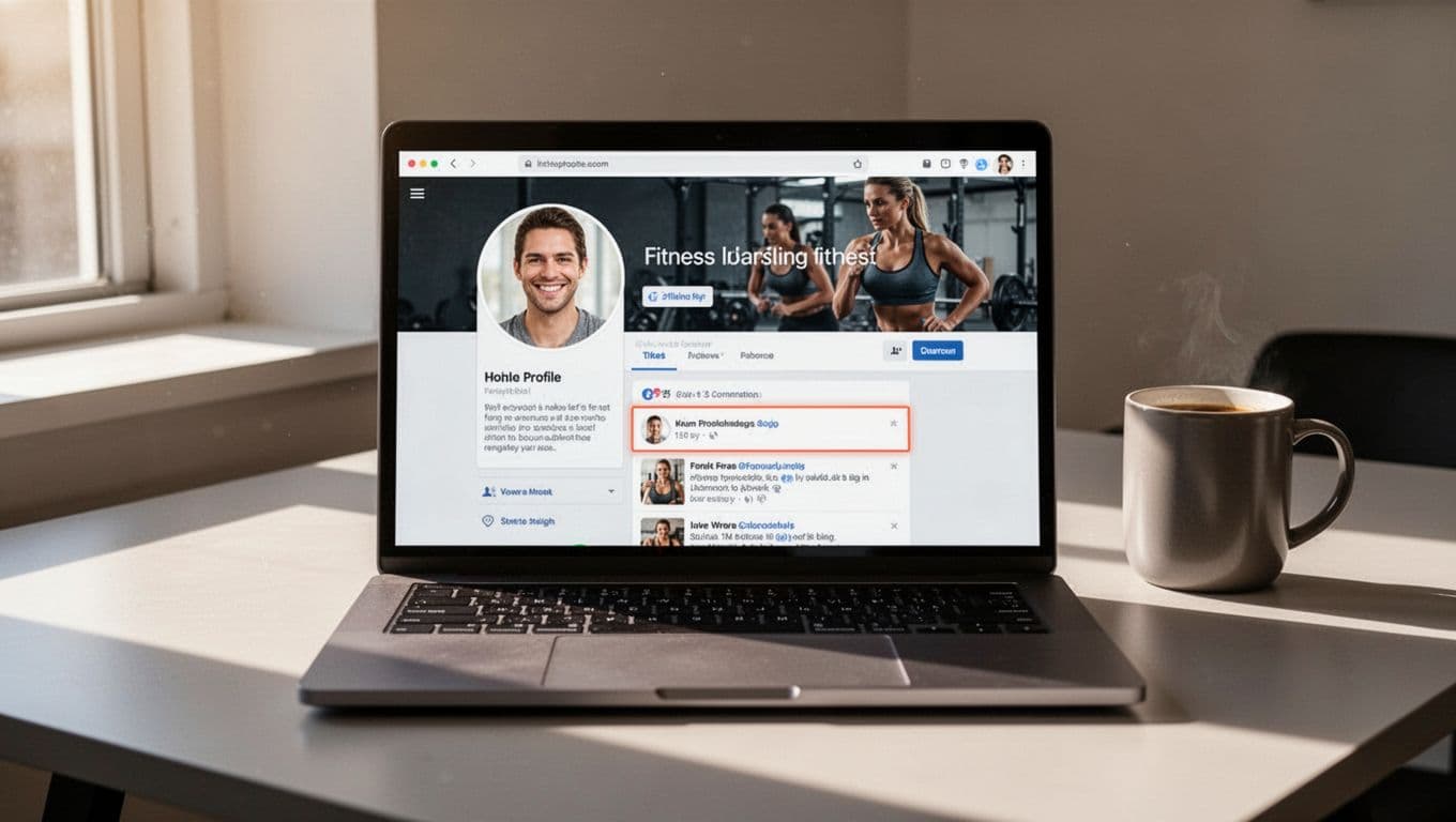 A clean professional X (Twitter) profile setup on a centered laptop screen in a modern desk setting with a coffee mug nearby, featuring a simple smiling profile photo, clear bio text, pinned post, and fitness-themed header image under natural daylight lighting.