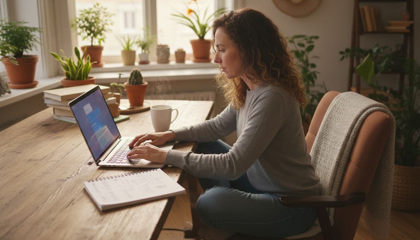 A focused freelancer works in a cozy home office at a wooden desk with an open laptop displaying a blurred AI chat interface, typing prompts with a notepad and steaming coffee nearby, illuminated by soft window light.