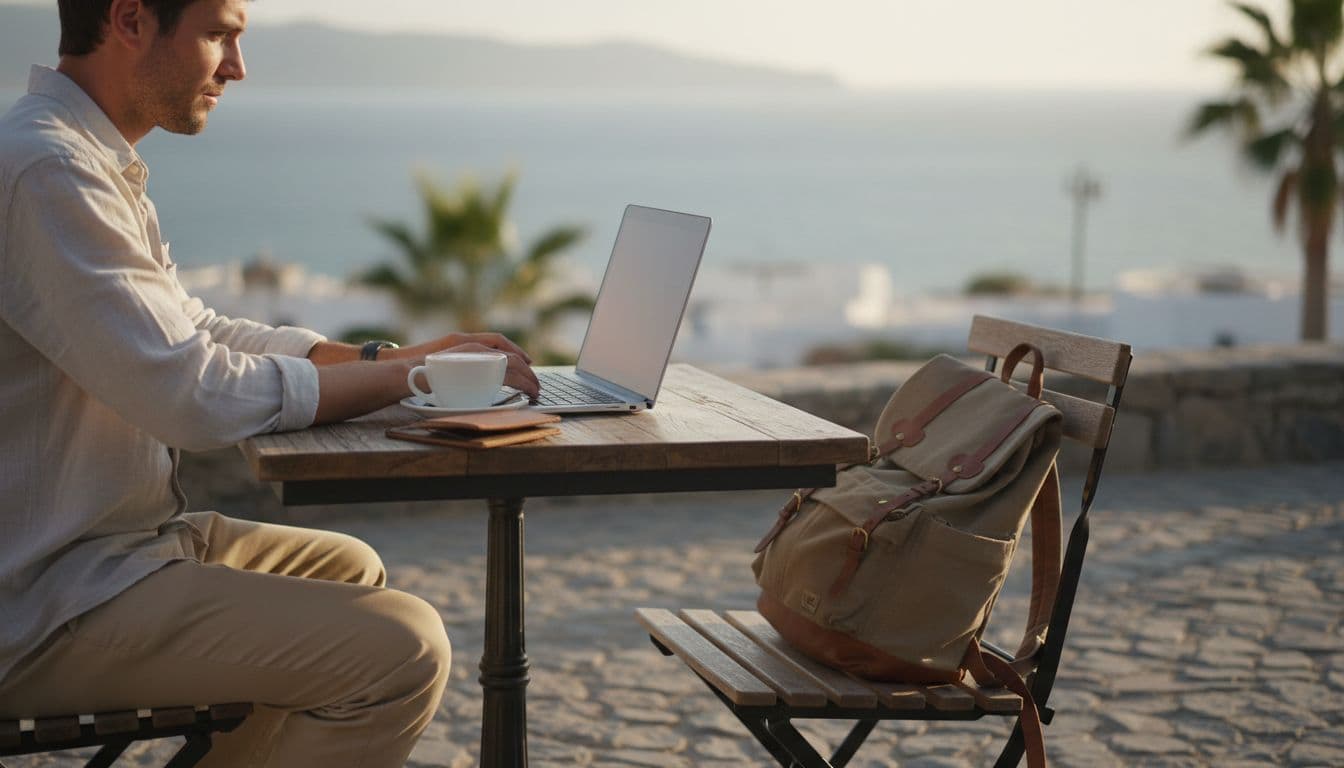 A solo traveler sits focused at a wooden outdoor cafe table in a sunny coastal town, typing on an open laptop with a coffee cup nearby and backpack on the chair, relaxed atmosphere with natural daylight and blurred sea view background.