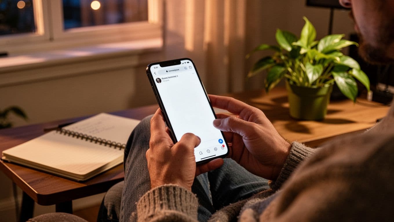 Person in cozy home office typing on phone to create helpful side hustle thread on X app, focus on relaxed hands over angled blank compose screen, warm evening light, notebook and plant nearby.
