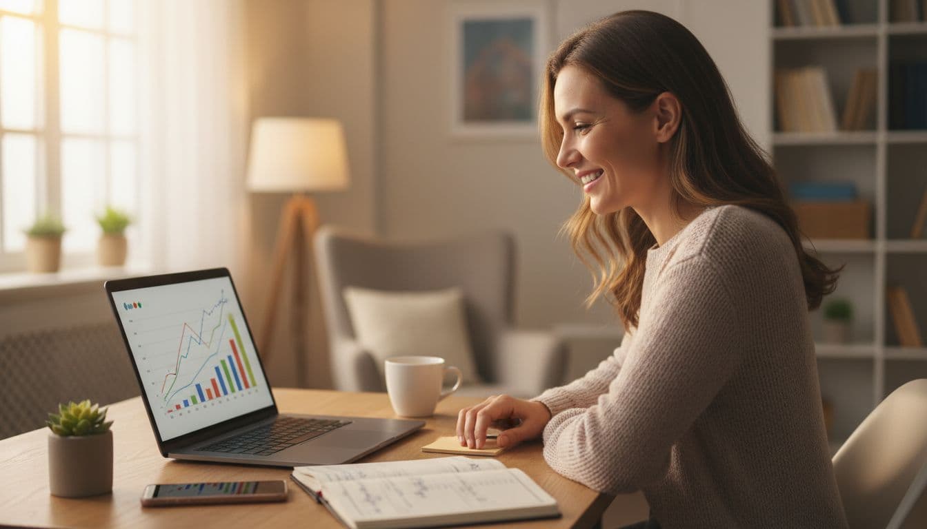 Smiling mom at home reviews blurred graph charts of affiliate earnings and digital product sales on her laptop, with planner and phone nearby, warm lighting evoking achievement.