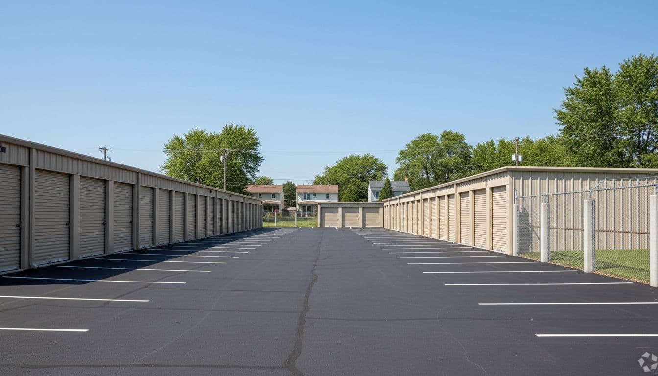Exterior of a self-storage facility in a suburban US neighborhood with rows of beige roll-up doors on single-story buildings, paved parking lot with empty spaces, chain link fence, and clear daytime sky.