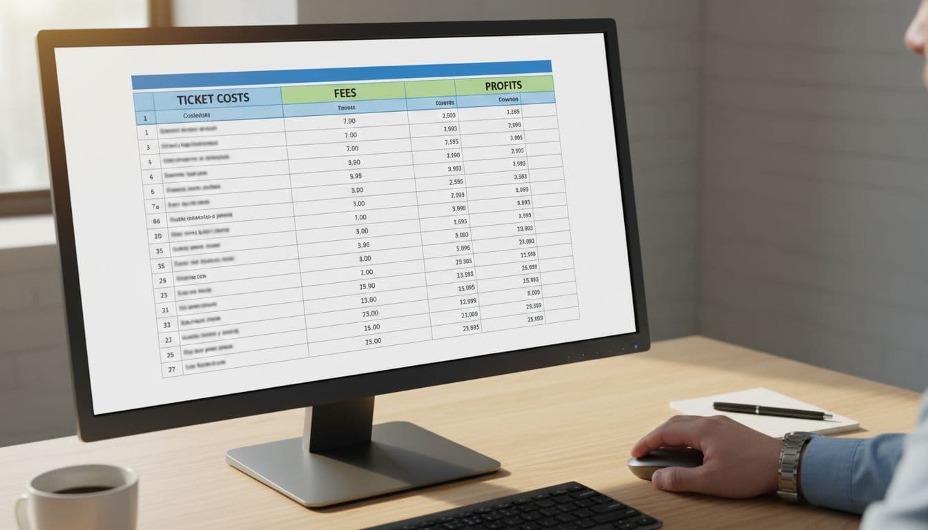 A simple spreadsheet on a computer screen displays columns for ticket costs, fees, and profits, with a person's hand resting near the mouse on a clean desk setup under soft office lighting.