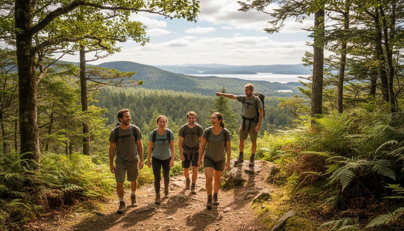 A backpacker leads a small group of four hikers on a lush forest trail, pointing at a scenic view while everyone smiles in bright daylight. Realistic photo style featuring simple clothing, exactly five people, no text, logos, or gear overload.