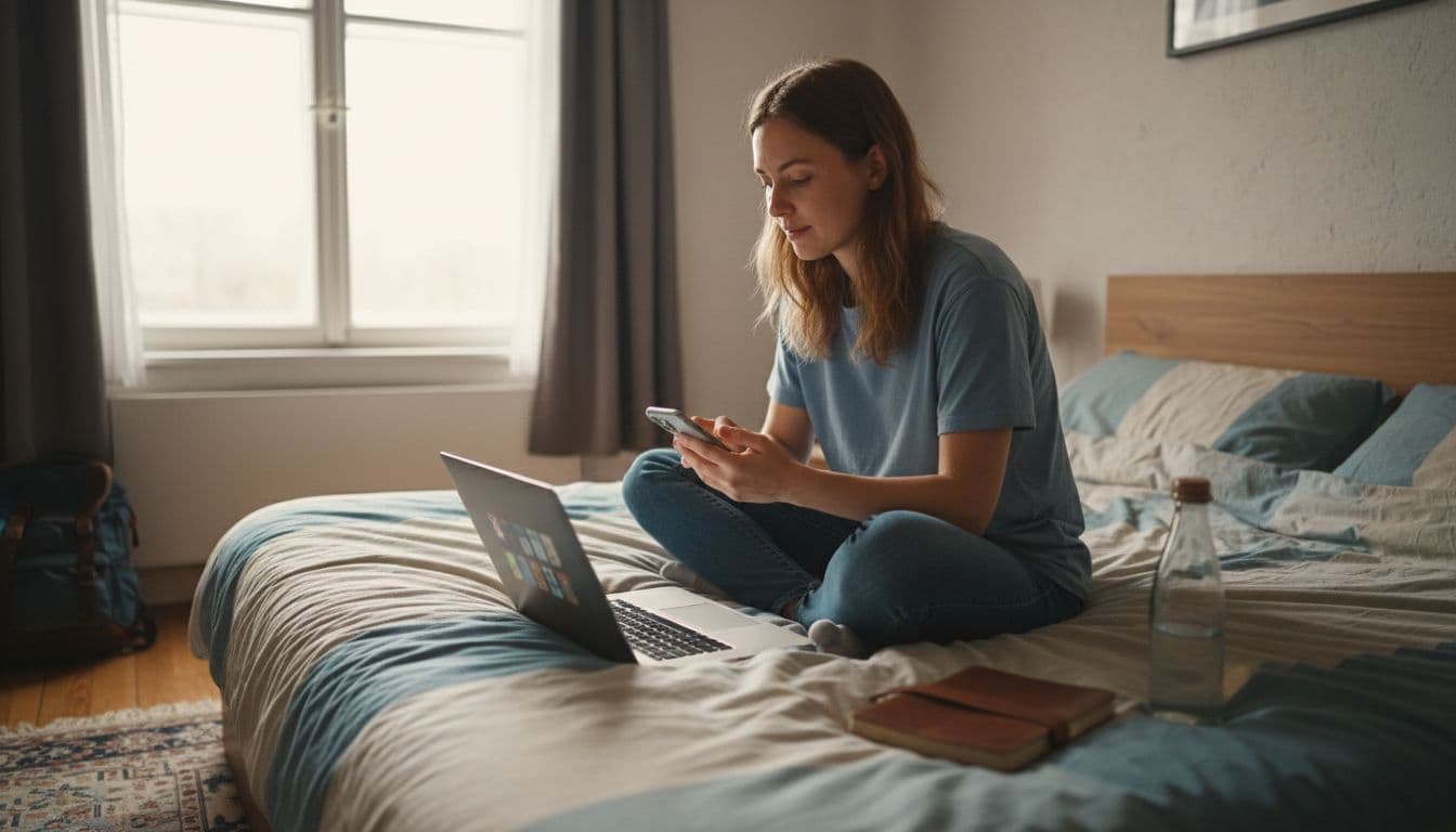 A focused traveler sits on a bed in a cozy hostel room, using a laptop and phone to check apps and emails, with a simple setup including a notebook and water bottle under soft natural light.
