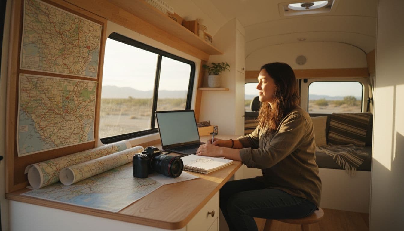 A relaxed person sits at a desk in an airy van camper, planning content on a notepad with a laptop nearby, surrounded by travel maps and a camera, bathed in golden hour sunlight through the window.