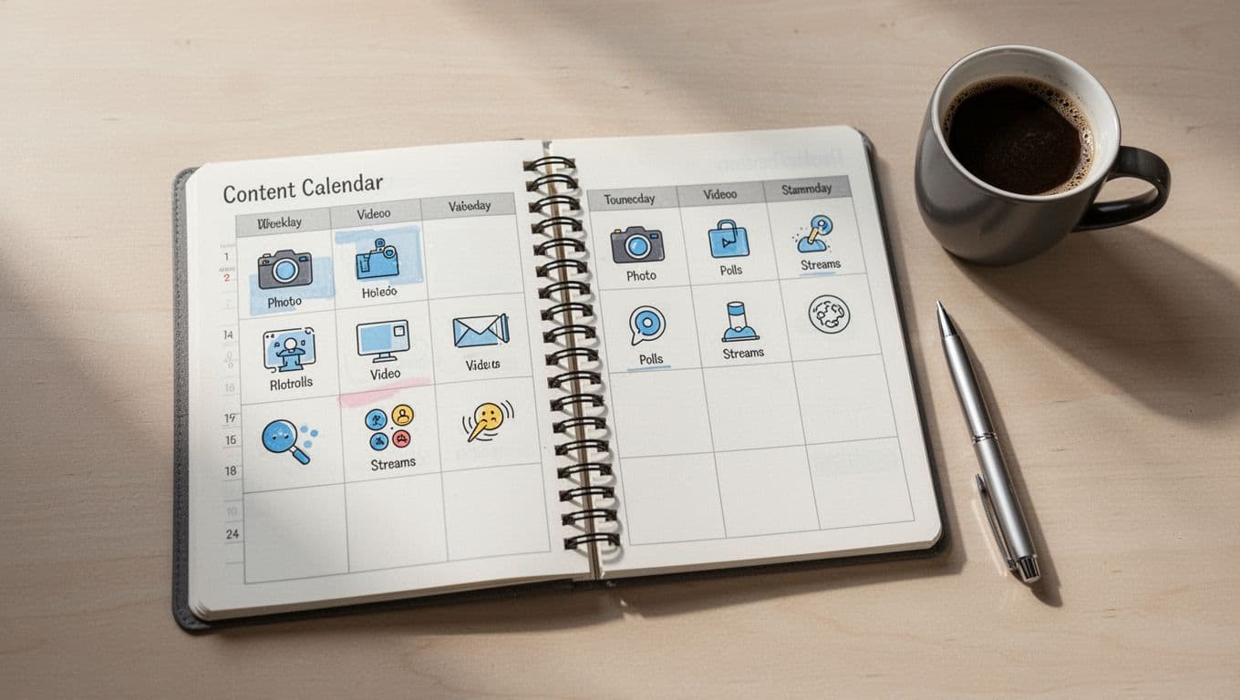 Top-down realistic photo of a weekly content calendar on a desk planner with icons for photos, videos, polls, and streams, accompanied by a coffee mug and pen in natural indoor light. Simple composition with no readable text, dates, people, or borders.