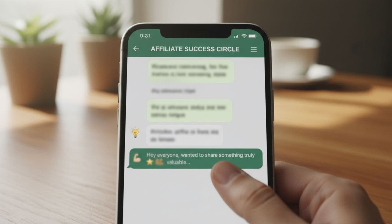 Close-up of a smartphone screen showing WhatsApp group chat with helpful affiliate marketing tips, fingers typing a value-first message on a clean modern phone on a wooden table with bright natural light.