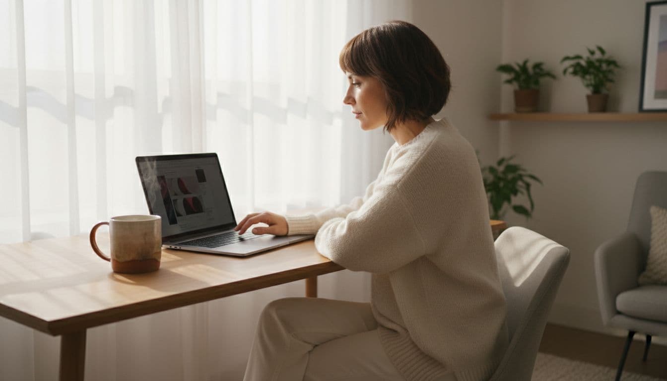 A woman in her mid-30s with short hair sits relaxed at a cozy home desk, focused on creating designs on her open laptop with a coffee mug nearby, natural daylight streaming in, in a simple modern home office with warm lighting.