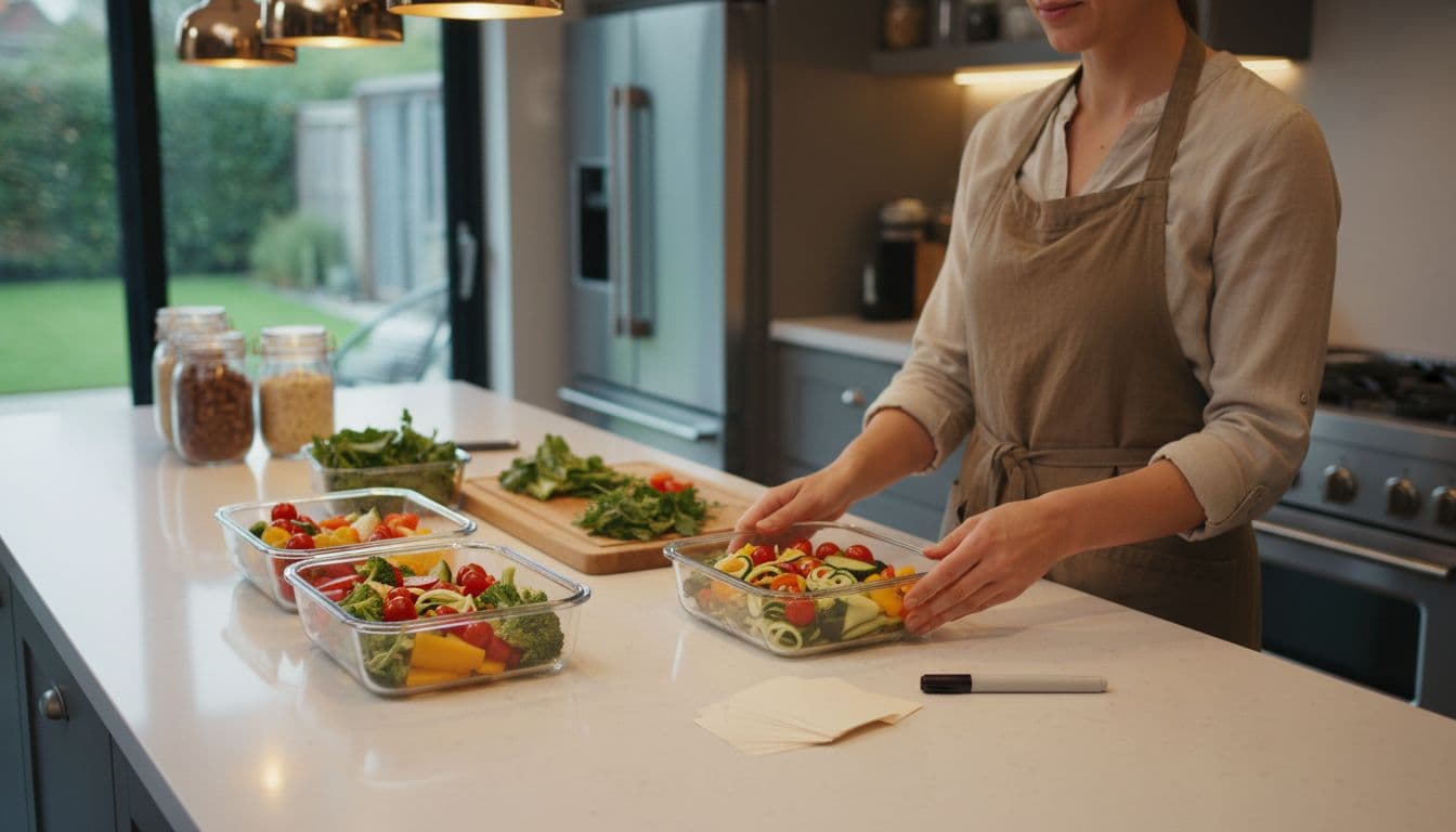 A woman in a warm kitchen prepares meal containers with fresh vegetables on an organized counter, hands relaxed, photorealistic style visualizing home meal prep hustle.