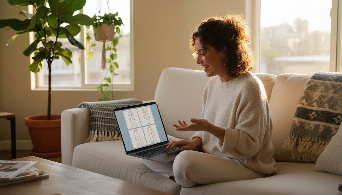 A smiling woman conducts a virtual personal styling session via laptop video call in a cozy living room with plants and afternoon light, screen showing simple clothing images.