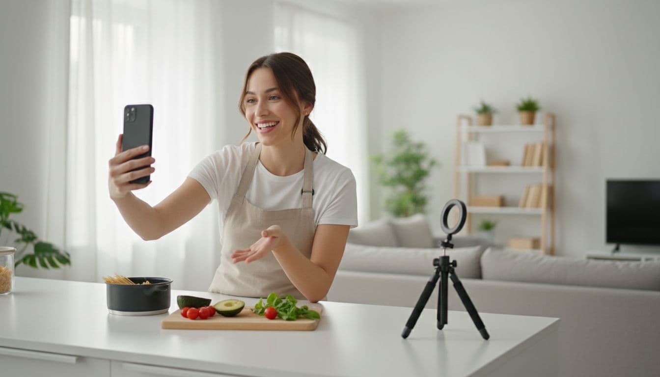 A single young creator in a bright living room holds a smartphone to film a short fun cooking tip Reel, with a tripod nearby, engaging smile, and natural window light in realistic video still style.